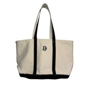 L.L. Bean Large Canvas Zippered Boat and Tote Bag Cream Navy Blue Long Strap